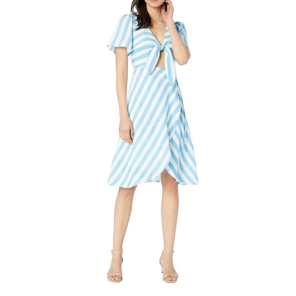 NWT J.O.A Women's Woven Knot Front Striped Cutout Wrap Dress Blue White Size XS